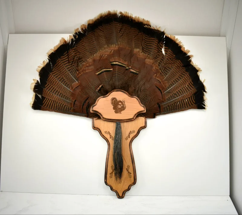 engraved turkey plaque with fan and beard mount