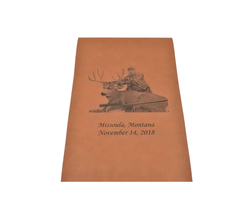 Custom engraved leather pedestal mount back panel for taxidermy