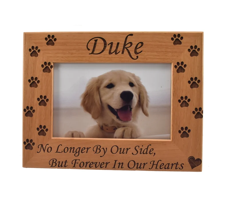 Pet memorial personalized wood picture frame with laser engraved name and paw prints