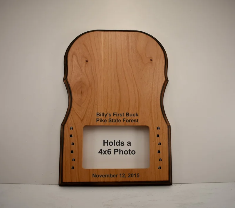 Custom engraved hardwood antler taxidermy plaque with 4x6 photo insert and rustic wood finish
