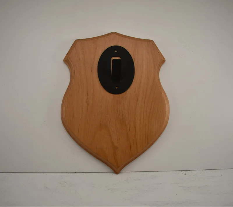 Shield plaque with skull hanger made from solid hardwood