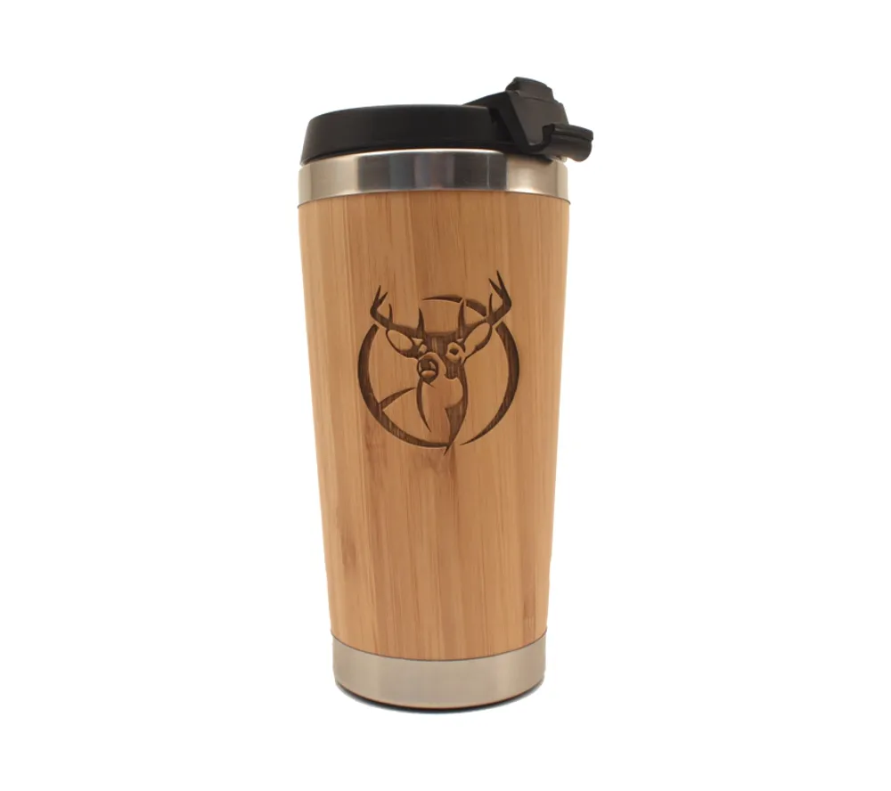 Custom engraved bamboo travel mug.