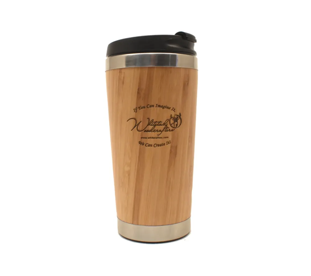 Custom branded bamboo travel mug with laser engraved logo – 15 oz promotional gift