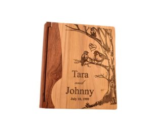 Personalized wooden photo album cover.