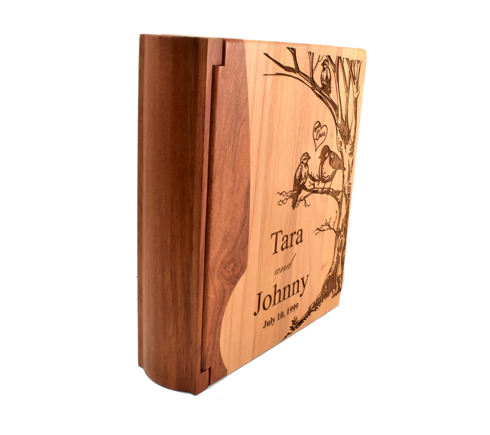 Personalized wooden photo album cover.