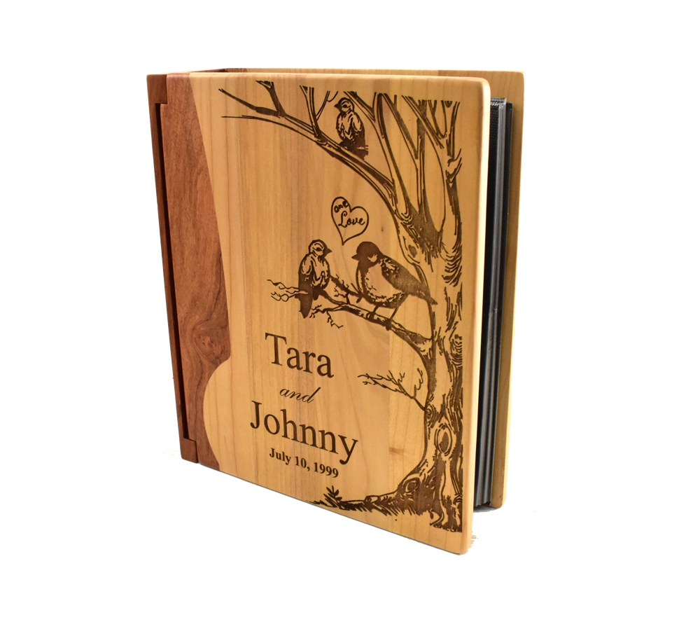 Personalized wooden photo album cover.