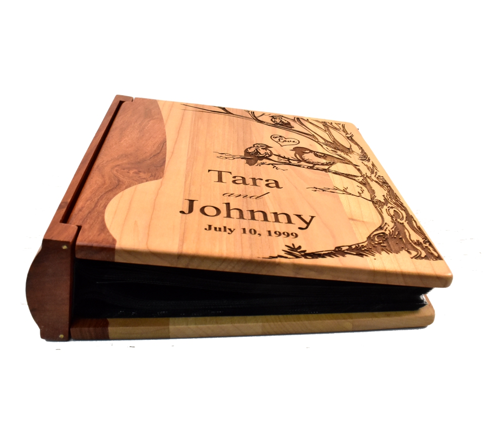 Personalized wooden photo album cover.