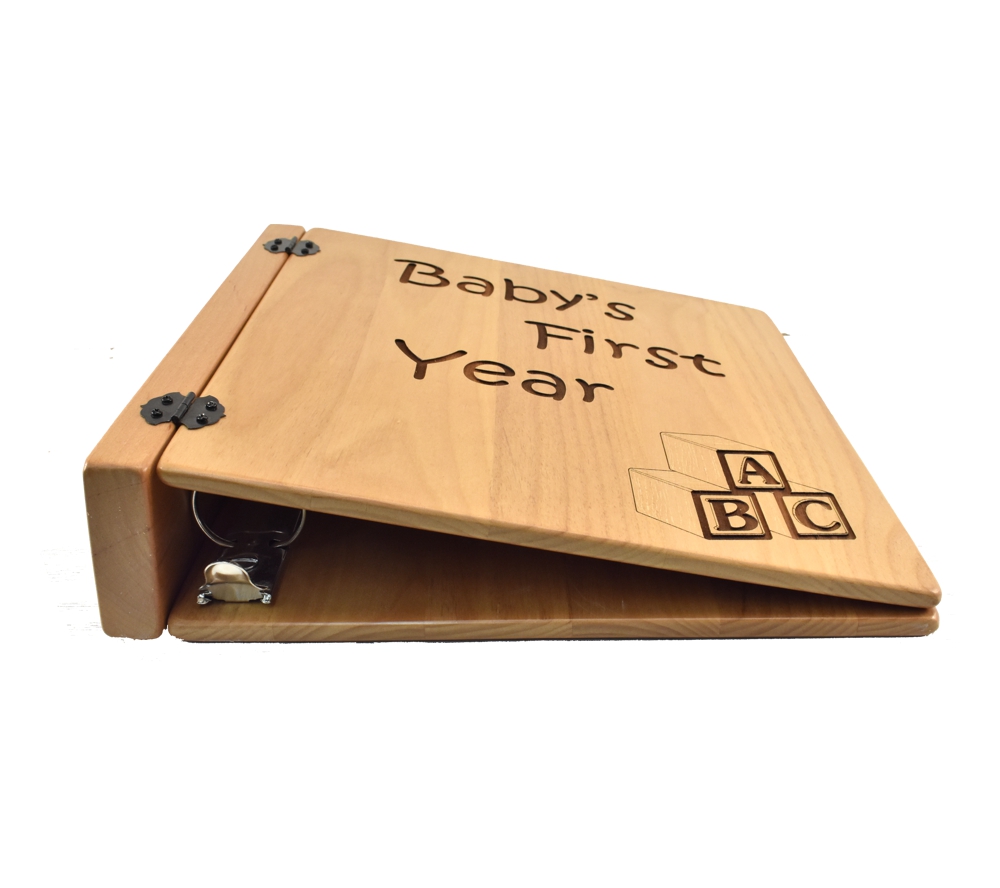 Personalized three ring wooden photo album.