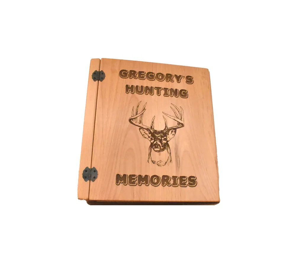 Hunting memories personalized photo album with engraved wooden cover