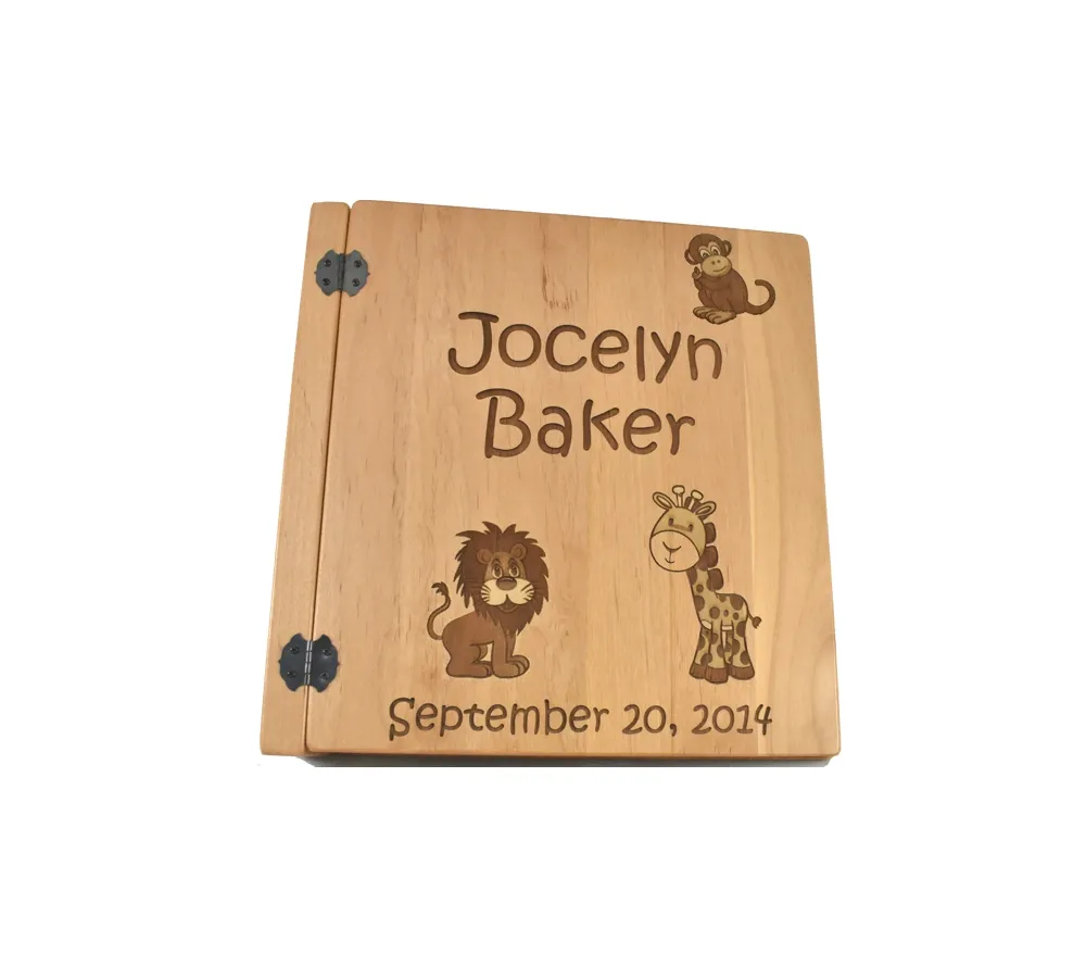 Safari animals personalized photo album with engraved wooden cover