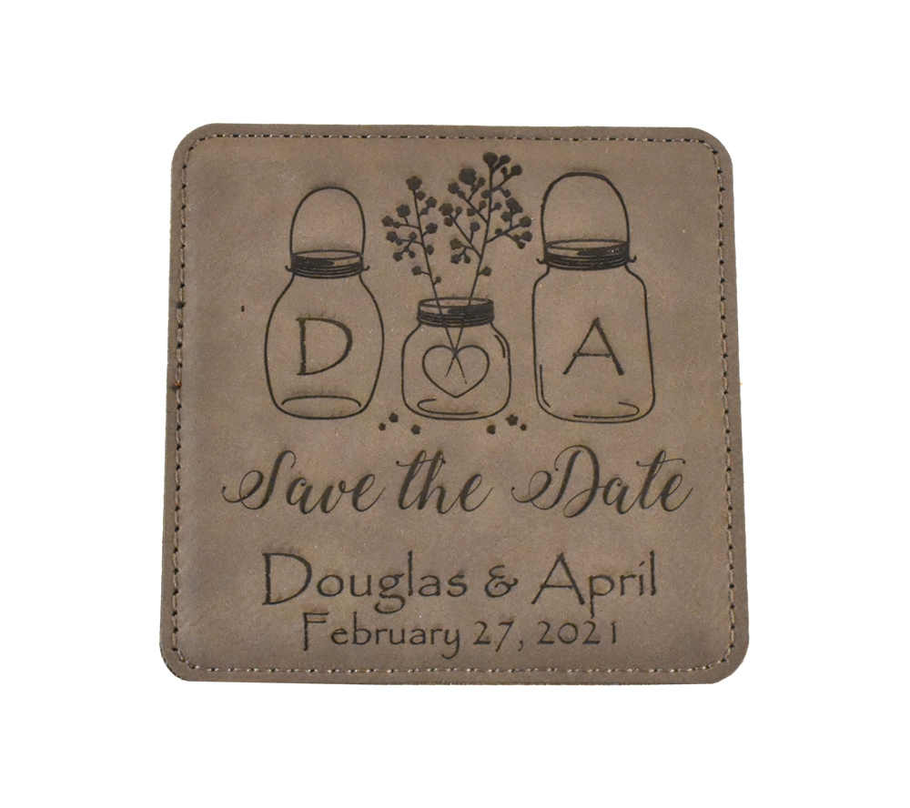 Mason Jars Custom Engraved Square Leather Save the Date