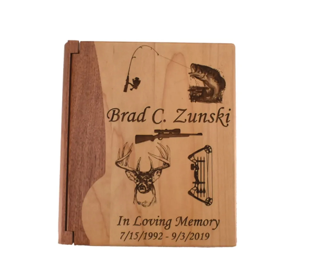 Memorial personalized photo album with engraved wooden cover