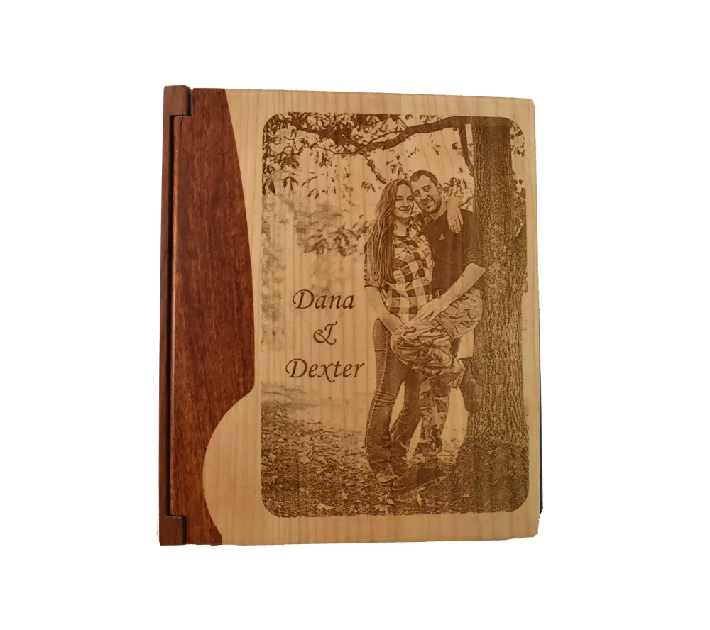 Personalized engagement photo album with custom wood engraving – rustic large photo book for couples