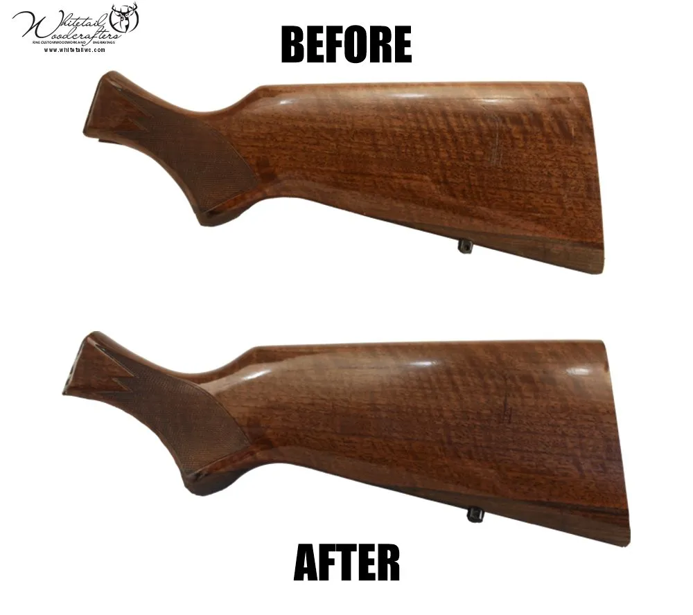 Before and after of gun stock refinishing showing worn stock restored with custom stain and finish.