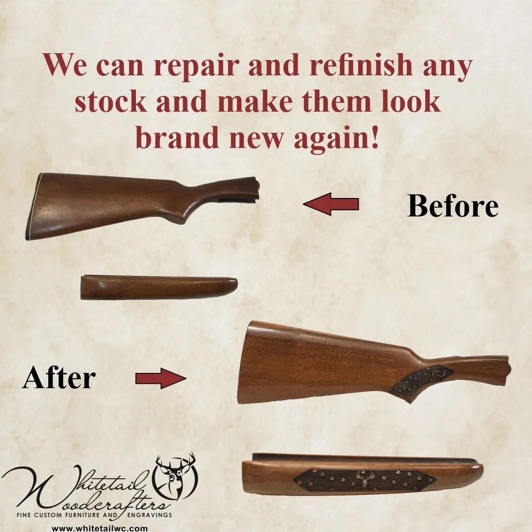 Gun stock refinishing service showing restored hardwood rifle ready for engraving or display.