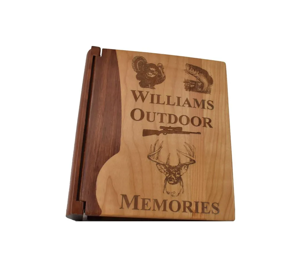 Engraved wood photo album with whitetail deer scene and personalized name—gift for hunters
