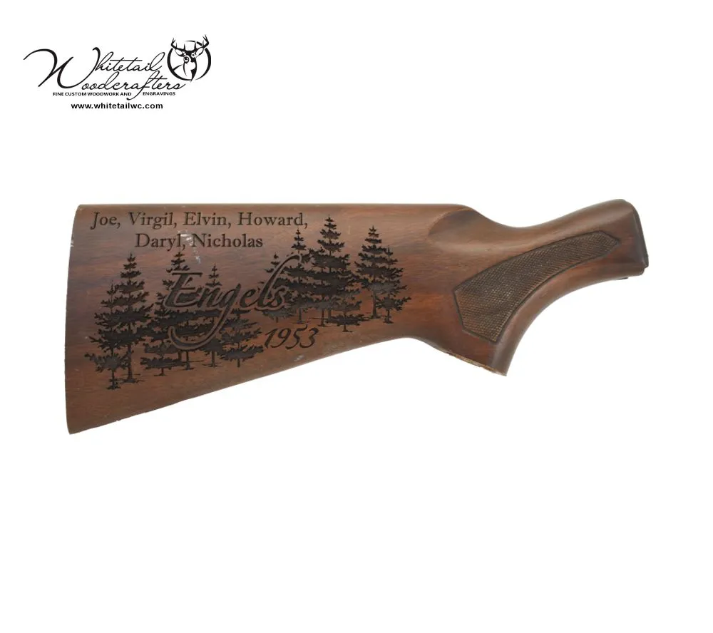 Custom engraved rifle stock with nature landscape and family name—personalized hunting gift for outdoorsmen