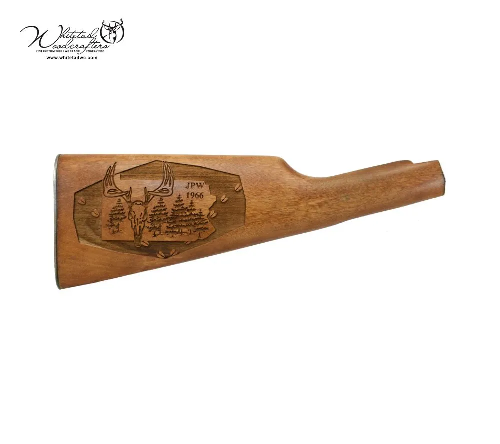Wildlife scene engraving on wooden gun stock for outdoorsman’s retirement