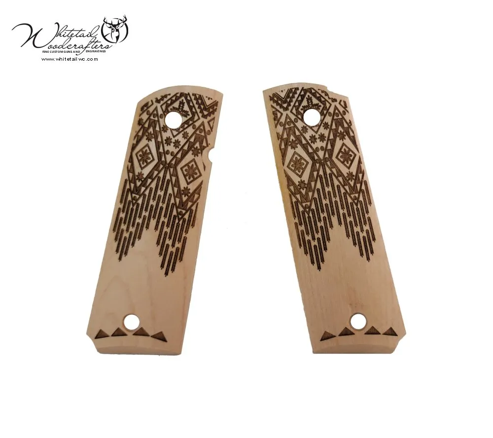 “1911 custom engraved pistol grips Aztec design – full size hardwood grips”