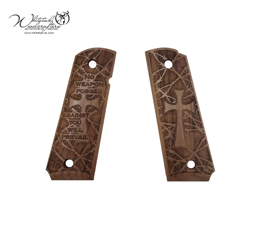 1911 custom engraved pistol grips with barbed wire design – full size hardwood grips