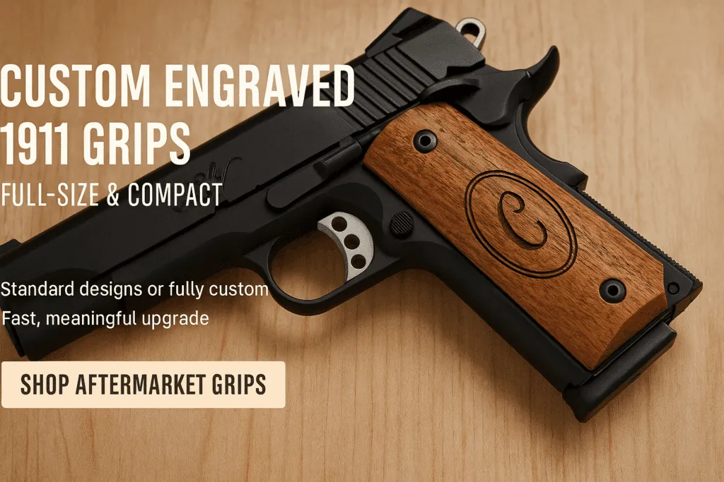 Custom engraved wooden 1911 grips on pistol—monogram design—featured image promoting full-size & compact aftermarket grips.